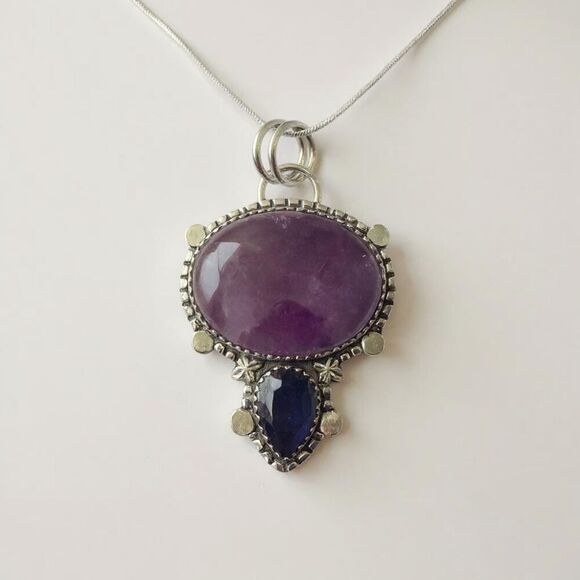 Large Artisan Crafted Amethyst Pendant Necklace Double Stone Sterling Silver New - Picture 1 of 11